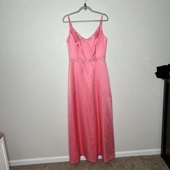 Da Vinci Dress Womens 14 Pink Satin Gown Embellished Long Formal Fairy V Neck - Picture 11 of 16